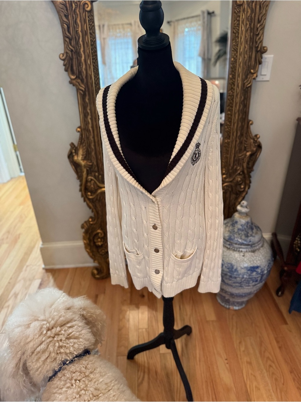 Lauren Ralph Lauren Cream Cable-Knit Shawl-Collar Cardigan with Dark Trim
